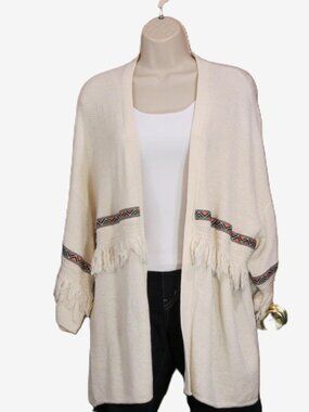 H&M Coachella Cream Cardigan Short Sleeve Ribbon Fringe Boho Festival Size Med